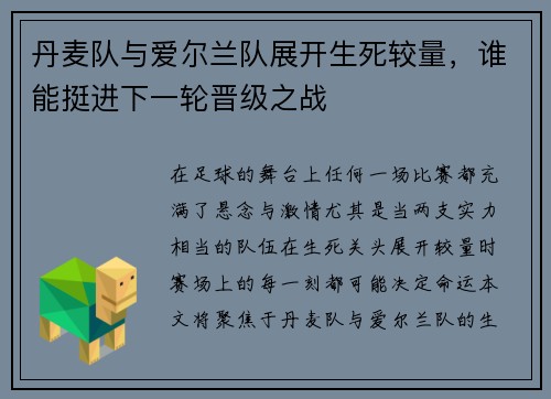 丹麦队与爱尔兰队展开生死较量，谁能挺进下一轮晋级之战