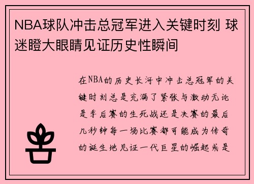 NBA球队冲击总冠军进入关键时刻 球迷瞪大眼睛见证历史性瞬间