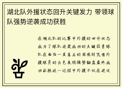 湖北队外援状态回升关键发力 带领球队强势逆袭成功获胜