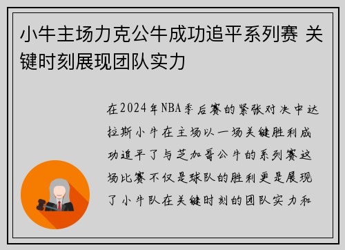 小牛主场力克公牛成功追平系列赛 关键时刻展现团队实力