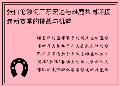 张伯伦领衔广东宏远与雄鹿共同迎接崭新赛季的挑战与机遇