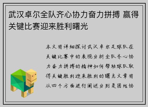 武汉卓尔全队齐心协力奋力拼搏 赢得关键比赛迎来胜利曙光