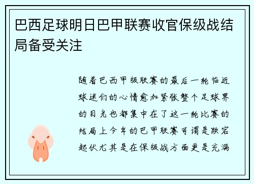 巴西足球明日巴甲联赛收官保级战结局备受关注